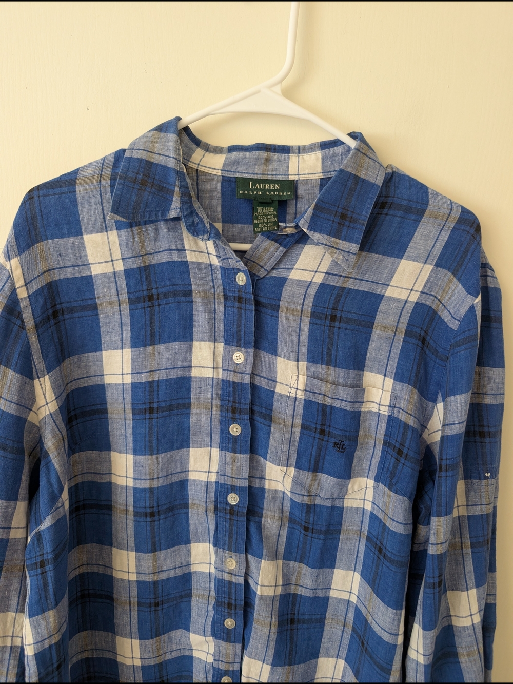 Ralph Lauren Womens 1X Long Sleeve Button Down 100% Linen Blue Plaid Shirt - Picture 3 of 8